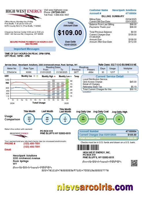 USA Wyoming High West Energy business utility bill, version 2